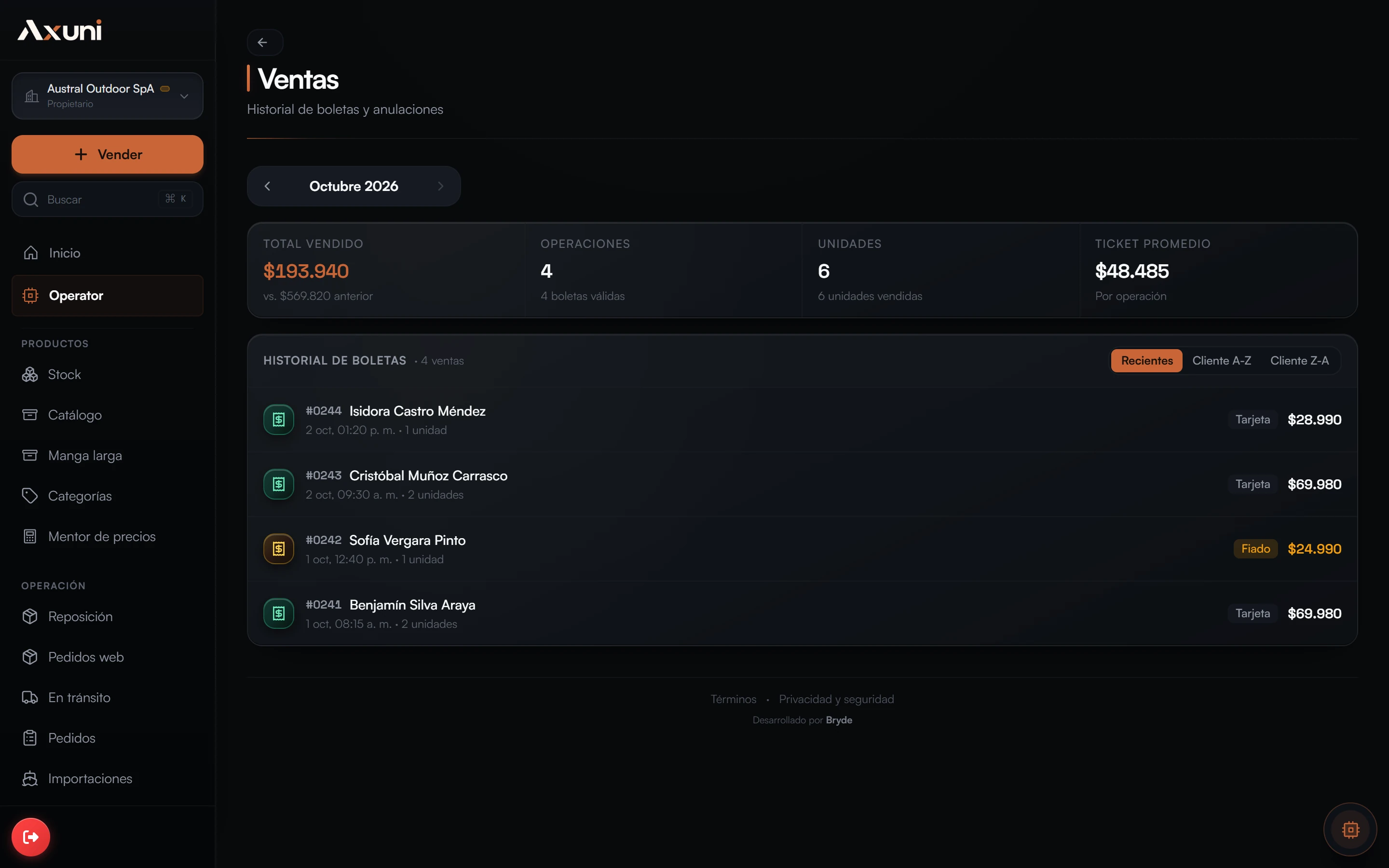 Módulo de Ventas de Axuni con historial de operaciones
