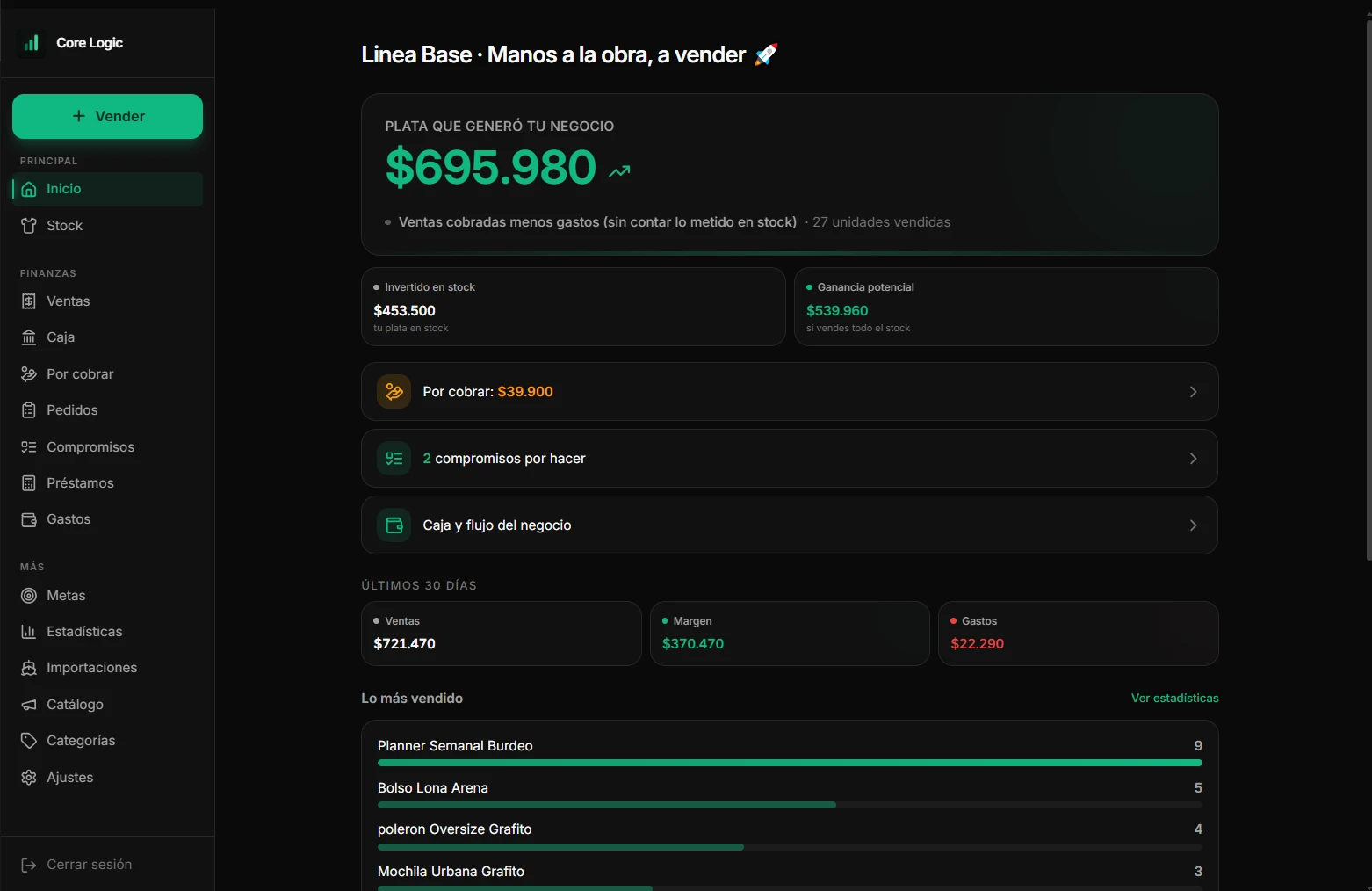Dashboard de Core Logic con ventas, margen y gastos de los últimos 30 días
