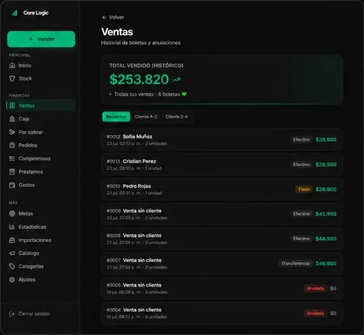 Pantalla de ventas de Core Logic mientras se vende
